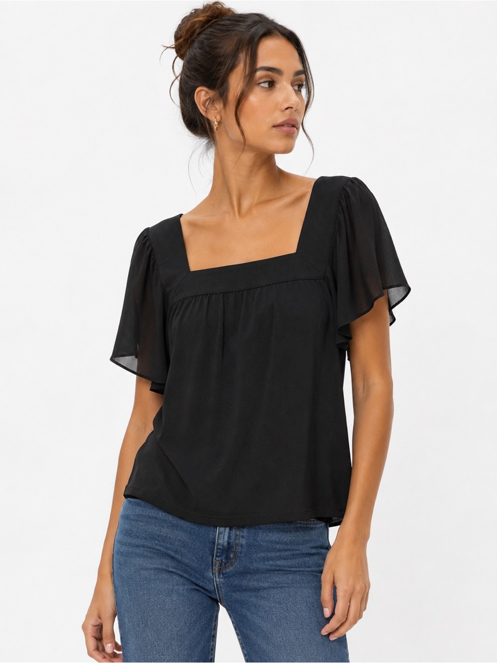 Calvin Klein Black Flutter Sleeve Square Neck Elegant Minimalist Top Romantic L